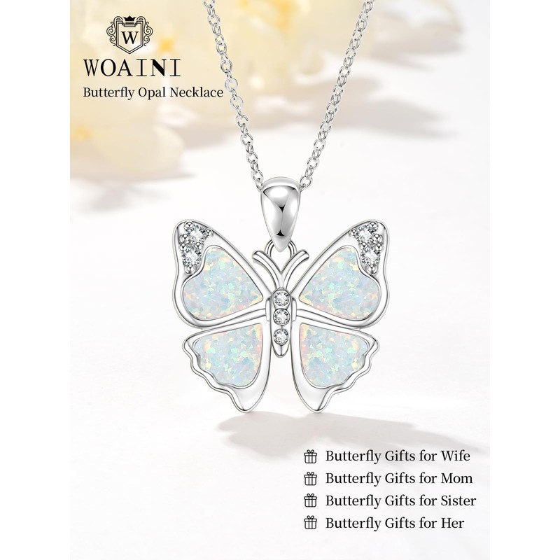 WOAINI Silver Butterfly Pendant Necklace for Women Opal Jewelry Gifts