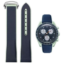 Danxancy Curved End Rubber Watch Strap Deployment Buckle Compatible with Omega X Swatch Moonswatch Speedmaster for Men Women, 20mm, Navy blue