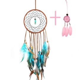 Dream Catcher for Girls Kids Blue Black Brown Feather Handmade Dream Catchers Circular Net Wall Hanging Decor Ornament Bedroom Decor–Dia 5.12"/ Long 20"