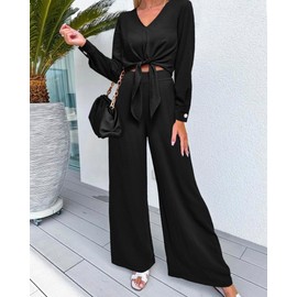 PRETTYGARDEN Women's 2 Piece Outfits 2025 Spring Casual V Neck Long Sleeve Strappy Crop Top Wide Leg Palazzo Pant Sets(Solid Black,Large)
