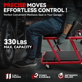 Auto Dynasty 48" Z-Creeper Seat, 2-in-1 Foldable Garage Rolling Creeper Shop Seat, 330 LBS Capacity Automotive Mechanic Under Car Repair Tool, Red