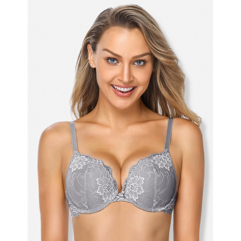 Wingslove Women's Push-Up Bra with Floral Lace, Padded, Underwired, Comfort