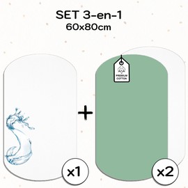 Lovely Hippo Next to Me Bed Linen Set of 3 - 2 Flat Sheets Cotton + 1 Absorbent Mattress Protector Next to Me (White/Eucalyptus, 60 x 80 cm)