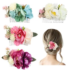 4 Pack Artificial Flower Metal Hair Side Combs Slide Clips With Teeth Floral Bows Hairpins Grips Barrettes Clamps Headpieces for Women Wedding Decorative Holiday Party Bun Chignon Twist Accessories