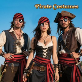 Beipegin Pirate Costume Adult Men Women,Pirate Bandana Captain Medieval Large Sash Eye Patch Necklace Earrings Ring Pirates Fancy Dress