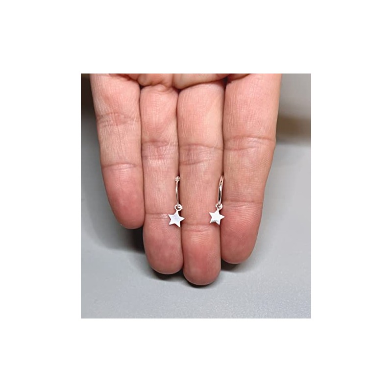 Tiny Dangling Star Hoop Earrings .925 Sterling Silver