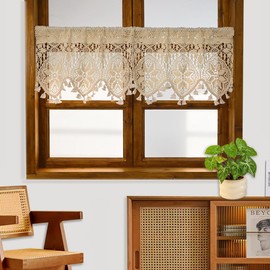 Tsinmorn Rustic Crochet Curtain Valance for Kitchen Dining Macrame Curtain Tier for Small Window Farmhouse Cotton Short Curtains with Tassel for Cabinet Home Decor 1 Panel 35" W x 15" L