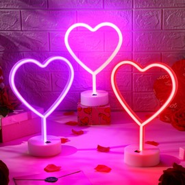 Retisee 3 Pcs Valentine's Day Heart Neon Signs, 3-AA Battery Operated or USB Powered Heart LED Neon Light with Holder Base for Mother's Day Gifts, Bedroom, Wedding, Party Room Decor Pink Red Purple