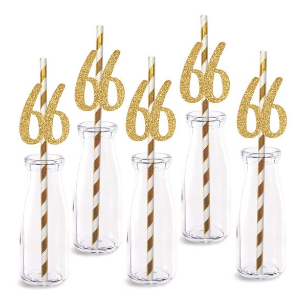 66th Birthday Paper Straw Decor, 24-Pack Real Gold Glitter Cut-Out Numbers Happy 66 Years Party Decorative Straws