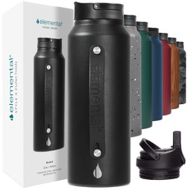 Elemental Iconic Stainless Steel Water Bottle with Straw - 32 oz Leak Proof Triple Wall Insulated Water Bottles for Travel and Sports - Reusable Gym Water Bottle with 2 Straws - Matte Black