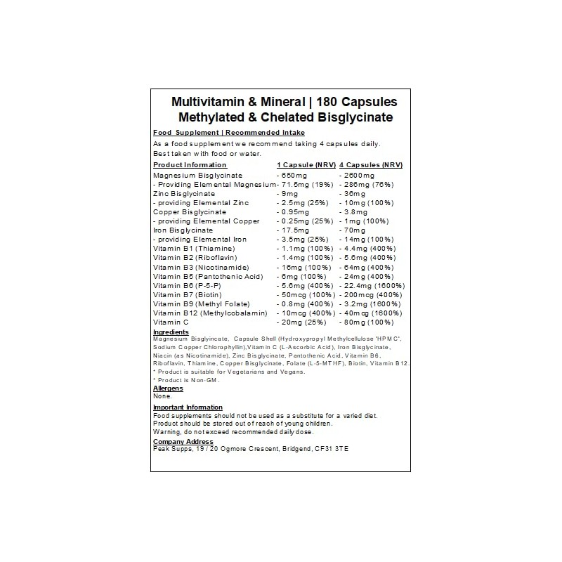 Methylated Multivitamin & Mineral - Chelated Bisglycinate Capsules- Vegan (180