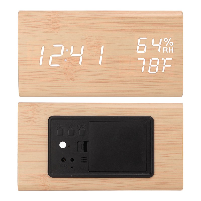 Triangular Digital Wooden Clock Time Date Temperature Humidity Display Alarm
