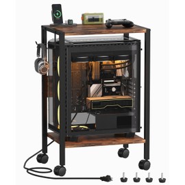 Akxomel Computer Tower Stand with Charging Station and USB Port, 2 Tier Mobile Floor PC Stand Fits Under Desk, Rolling Printer Cart with Hooks, CPU Holder for Carpet, Home Office