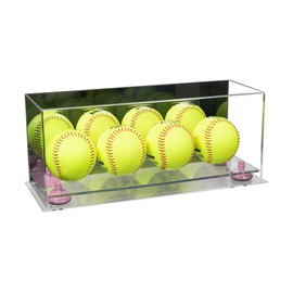 Better Display Cases Acrylic Four Softballs Display Case with Mirror Case, Pink Risers, Clear Base and Plastic Rings 17" x 6" x 7" (A019/V46)