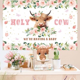 Wonmelody Highland Cow Baby Shower Decorations with Holy Cow We are Having a Baby Backdrop Banner Boho Floral Highland Cattle Baby Shower Supplies Farm Highland Cattle Baby Shower Supplies for Girl