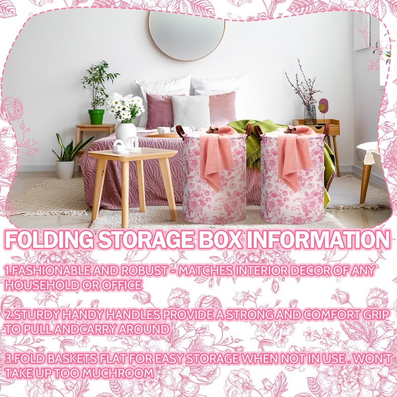 CroBlissful 2 Pcs Pink Floral Laundry Basket Coquette Storage Basket