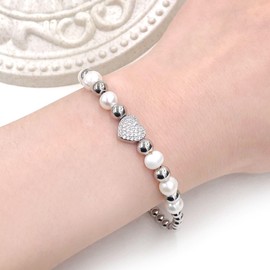 Oneress Elegant Pearl with 4mm Brass Beads Bracelet Heart Shaped Brass Inlaid Zirconia Charm Bracelet Women's Elastic Bracelet for Close Friends YA4767 (white)