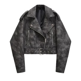 LY VAREY LIN Women Faux Leather Cropped Jacket Lapel Zipper Biker Short Coat with Belt