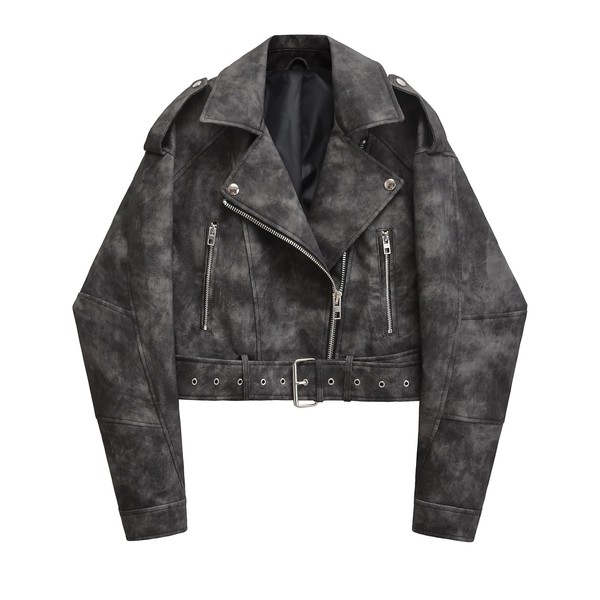LY VAREY LIN Women Faux Leather Cropped Jacket Lapel Zipper
