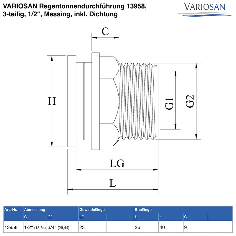 VARIOSAN Water Barrel Feed-through, 3 Pieces, Brass, incl. seal.