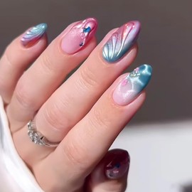 RUOKEXIN Almond Press on Nails Cat Eye Fake Nails Ombre False Nails with 3D Designs Medium Length Glue on Nails Press ons Sparkly Artificial Nails Cute Stick on Nails for Women 24Pcs