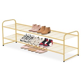 AOODA Long 2 Tier Shoe Rack for Closet Metal Wide Stackable Shoe Storage Organizer for Entryway, Bedroom, Floor, 18-Pairs Low Sneaker Shelf, Golden
