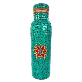 Rastogi Handicrafts New Joint Less Water Pure Copper Bottle 950 ml Stone Work Decorative Unique International Design (Green Stone Bottle)