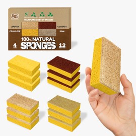 PRIME AND CLEAN Natural Sponges, 12 Pack, Ideal for Cleaning Kitchen, Bathroom & Household (Loofah, Coconut, Cellulose and Sisal Scrubbers), Eco-Friendly, Compostable, Biodegradable, 4 Types of 3 Pcs.
