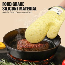 Qecamy Silicone Oven Mitts Cute Bear - Non-Slip Kitchen Gloves for Baking & BBQ - Soft Cotton Lined, Waterproof & BPA-Free Potholders - Machine Washable & Heat Resistant up to 500°F - Yellow, 1 Pair