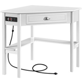 Yaheetech Yaheetech L Shaped Corner Computer Desk with Power Outlets, Reversible Triangle Workstation with USB Ports and Hook for Small Space, Modern Home Office Desk Gaming Table with Drawer & Shelf, White