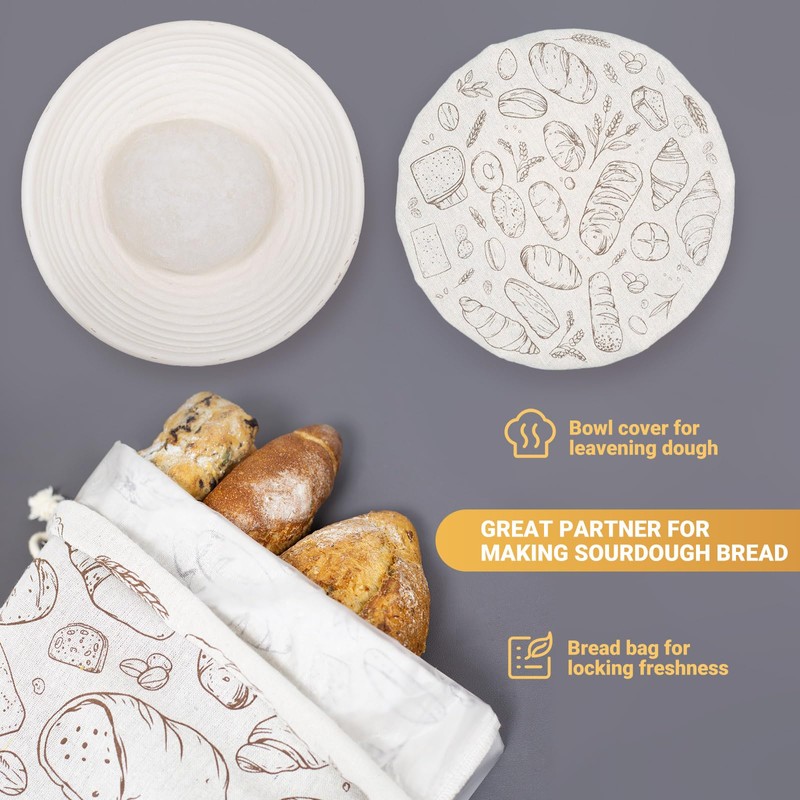 Verigud Large Reusable Linen Bread Bag and 10'' Bowl Cover