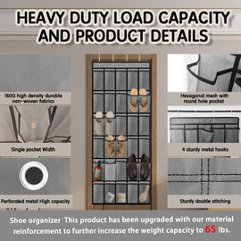 Kotkn Over the Door Shoe Organizer with 30 Breathable Mesh Pockets - Large Capacity Closet Storage for Men & Women, Hanging Shoe Rack Organizer (2PC-Gray)