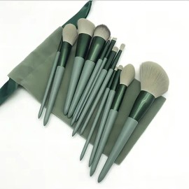 Set Brochas De Maquillaje 13 Pzs Profesional+bolsa Brocha Color Verde