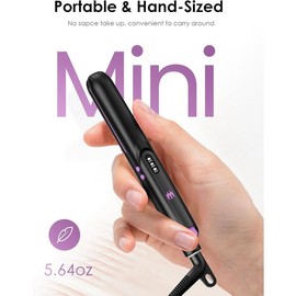 Mini Ceramic Flat Iron 0.7 Inch, Hair Straightener for Short Hair, Curls, Bangs - Adjustable Temperature, Portable Dual Voltage with Travel Pouch for Women, Men - Colour: Purple