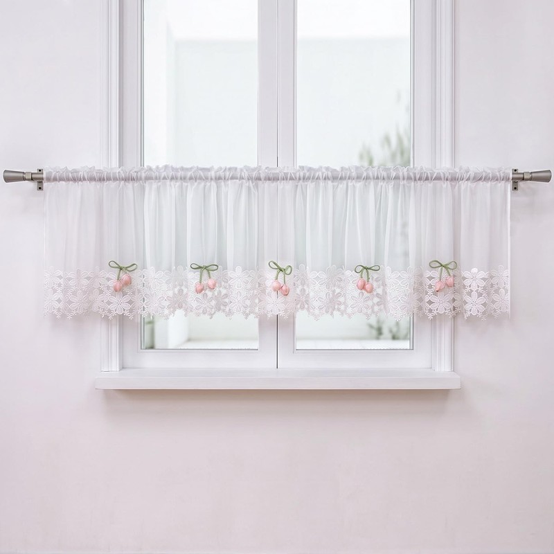 White Sheer Valance Lace Trim Pink Tulip Decor Farmhouse 60W