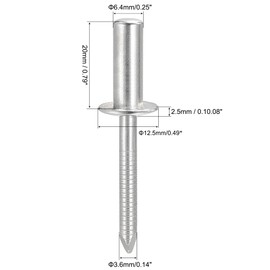 sourcing map Pack of 25 Blind Rivets Decorative Rivets 304 Stainless Steel Core 6.4 mm Diameter 20 mm Handle Length Silver