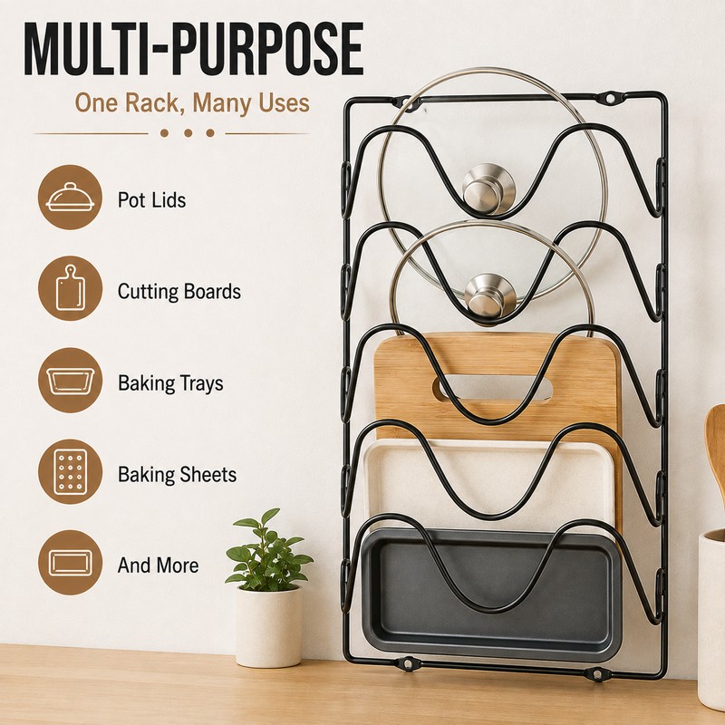 5-Tier Wall Mounted Pot Lid Organizer – Space-Saving Kitchen Storage