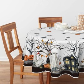 Horaldaily - Mantel de Halloween redondo de 60 x 60 pulgadas, Jack-O-Lantern - Mantel de calabaza, telaraña, fantasma, murciélagos de perro, lavable, para fiesta, picnic, cena, decoración