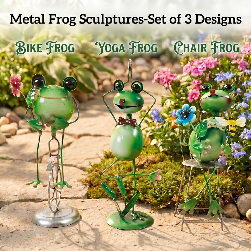 Metal Frog Statues Set 3, Yoga Bike Chair Frog Garden
