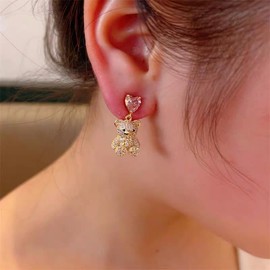 COOCY Animal Bear Zirconia Simple Design Ring Earrings, Women's, Hoop Simple Design, Popular, Silver Needles, Metallic, Hypoallergenic, Cute, 18K Gold Peeling, Swaying Earrings, Stainless Steel, No