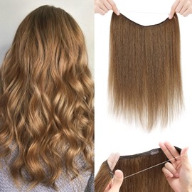 Benehair Miracle Wire Extension for Women Real Human Hair Hairpieces with Invisible Secret Fish Line Adjustable Wire Replacement Light Brown Hair Extension 20inch for Thinning Hair #6