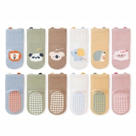 KARUNEL Baby Toddler Socks Non Slip Grippers Warm Crew Crawling Sock for Infant Newborn Boy Girl 6 Pairs Animal-B 0-12 Months