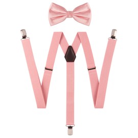 TIE G Solid Color Men's Suspender + Woven Bow Tie Set for Wedding : Vivid Color, Adjustable Brace, Strong Enhanced Clip, Elastic Band (Dusty Rosepink)