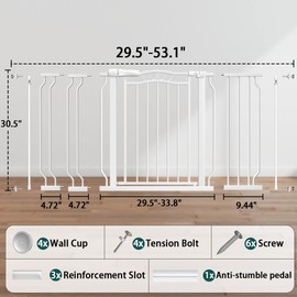Fairy Baby 29.5"-53.1" Extra Wide Baby Gates for Doorways, Safety Child Gate for Kids Dog, Metal Auto Close Stair Gates Indoor for Toddler Pressure Mount Kit, Arched Décor Walk Thru Garden Gate, White