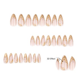 KTAABTR Gold French Tip Press on Nails Medium Length Fake Nails with Glue 3D Gold Glossy Acrylic Nails Design Almond Shaped False Nails Stick on Nails for Women DIY Reusable Nails Decoration