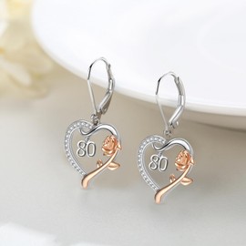80th Birthday Gifts for Women, 80 Years Old Birthday Gifts for Women Mom 925 Sterling Silver Love Heart Rose Flower Leverback Drop & Dangle Earrings for Grandmother Wife Mothers Day Christmas Anniversary Jewelry