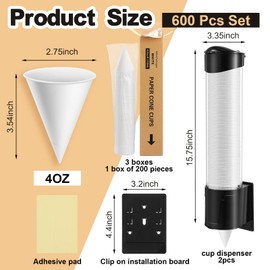 Roshtia 600 Pcs 4 oz Paper Cone Cups Thicken Disposable with 2 Cups Dispenser Pull Type Wall Mount Cup Holder Paper for Restaurants, Home, and Office, and Shaved Ice, Cold