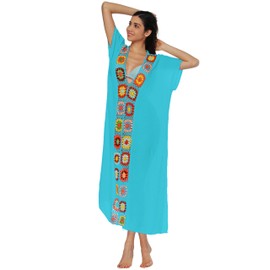 Chrisuno Women's Swimwear Cover Ups Crochet Beach Skirt V Neck Loose Plus Size Bathing Suit Cover Up A-Peacock Blue 5X-Large