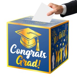 JWSCYSY Graduation Card Box Holder, Congrats Grad Foldable Cardboard Decorations Box for Graduation Party Favors Decor Party Supplies (Blue Gold)