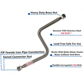 EZ-Fluid 24-Inch,1"FIP x 1" FIP x 24" Corrugated Flexible Stainless Steel Water Heater Connector Water Supply Line Full-Port For Female Iron Water Pipes Fitting,Water softener,Filter,Large Port (1Pc)
